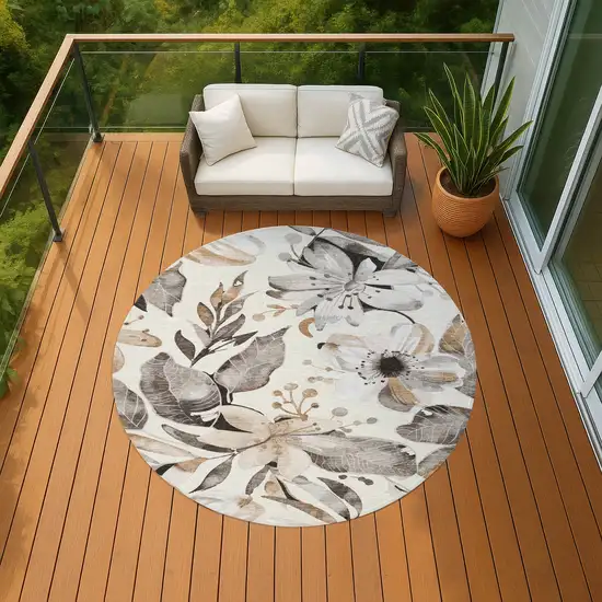 8' Ivory Charcoal And Wheat Round Floral Washable Indoor Outdoor Area Rug Photo 8