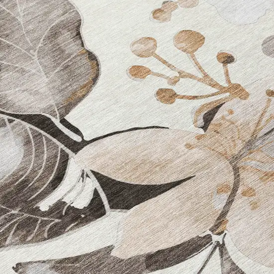 8' Ivory Charcoal And Wheat Round Floral Washable Indoor Outdoor Area Rug Photo 7