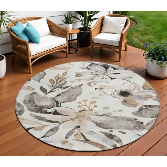 8' Ivory Charcoal And Wheat Round Floral Washable Indoor Outdoor Area Rug Photo 1