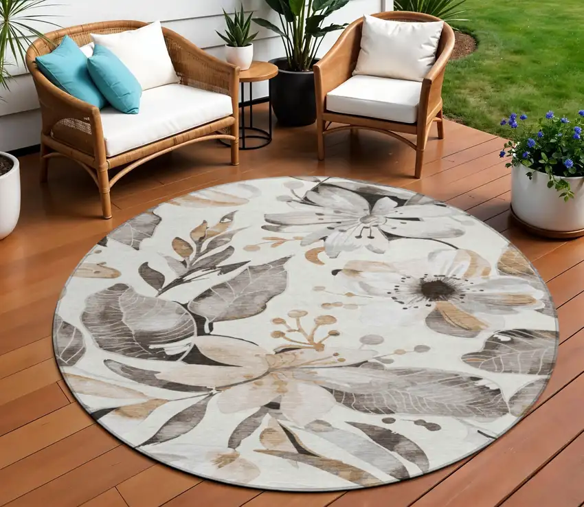 8' Ivory Charcoal And Wheat Round Floral Washable Indoor Outdoor Area Rug Photo 1
