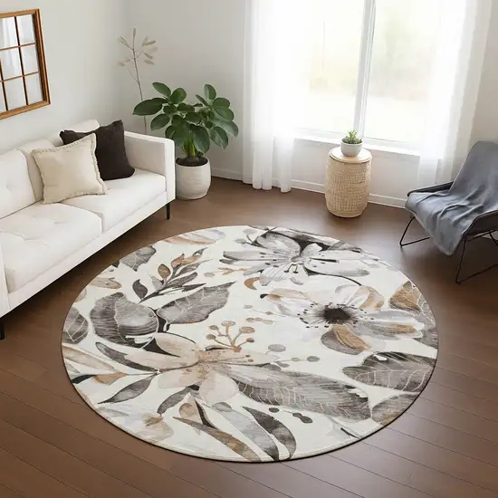 8' Ivory Charcoal And Wheat Round Floral Washable Indoor Outdoor Area Rug Photo 9