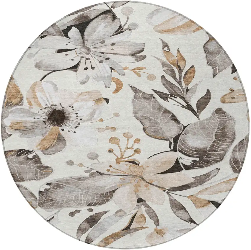 8' Ivory Charcoal And Wheat Round Floral Washable Indoor Outdoor Area Rug Photo 4