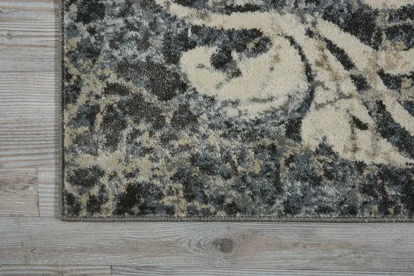 8' Ivory Charcoal and Gray Floral Distressed Non Skid Runner Rug Photo 7