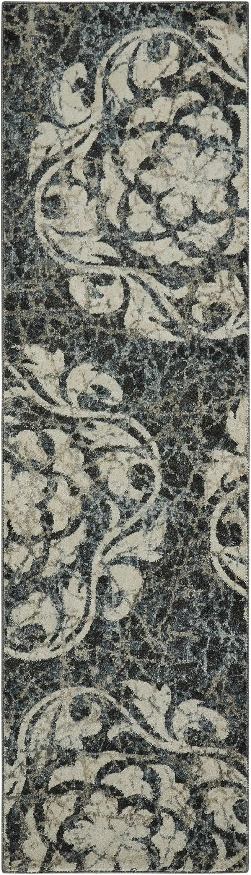 8' Ivory Charcoal and Gray Floral Distressed Non Skid Runner Rug Photo 2