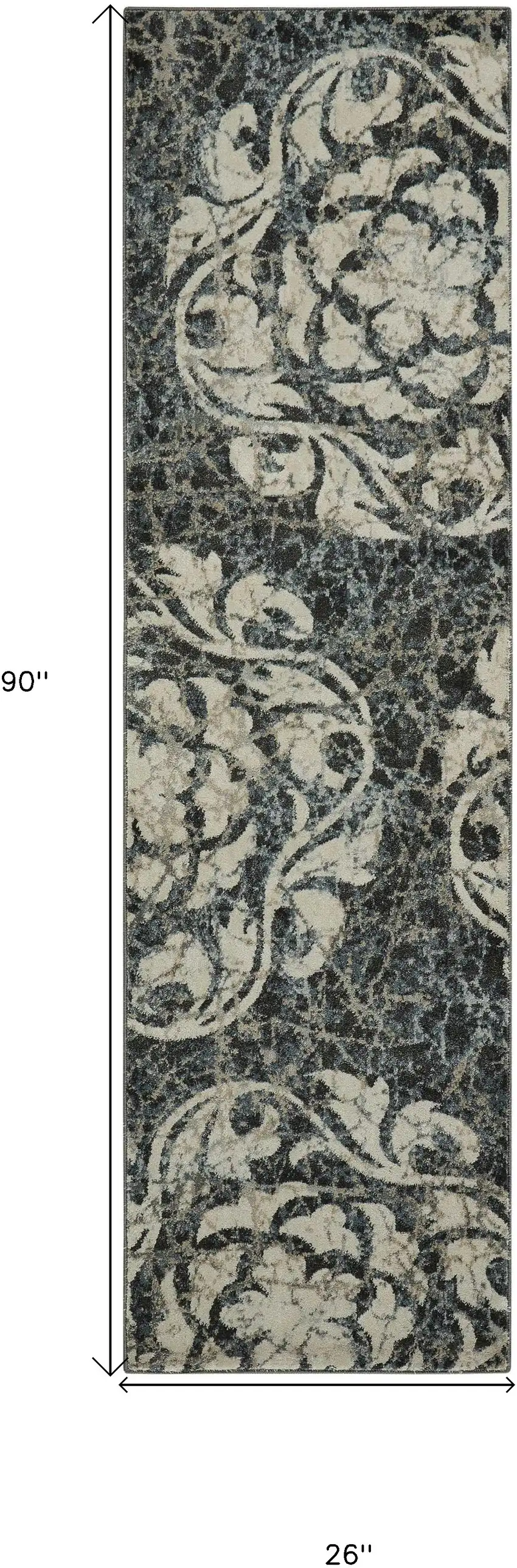 8' Ivory Charcoal and Gray Floral Distressed Non Skid Runner Rug Photo 3