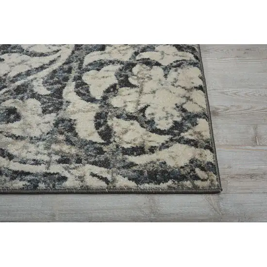 8' Ivory Charcoal and Gray Floral Distressed Non Skid Runner Rug Photo 6