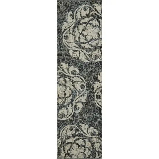 8' Ivory Charcoal and Gray Floral Distressed Non Skid Runner Rug Photo 7