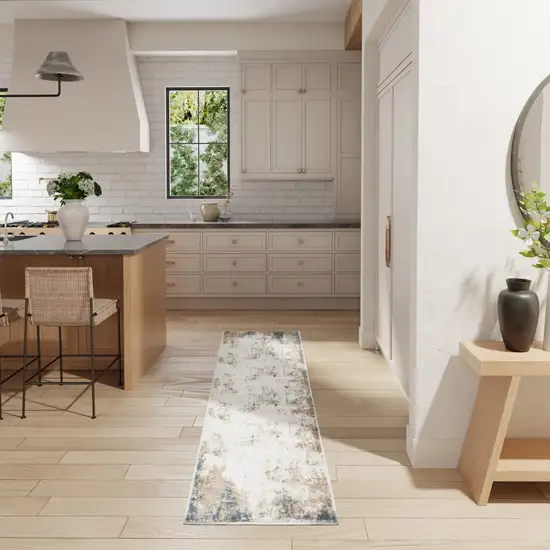 8' Ivory Charcoal and Taupe Abstract Distressed Non Skid Runner Rug Photo 4