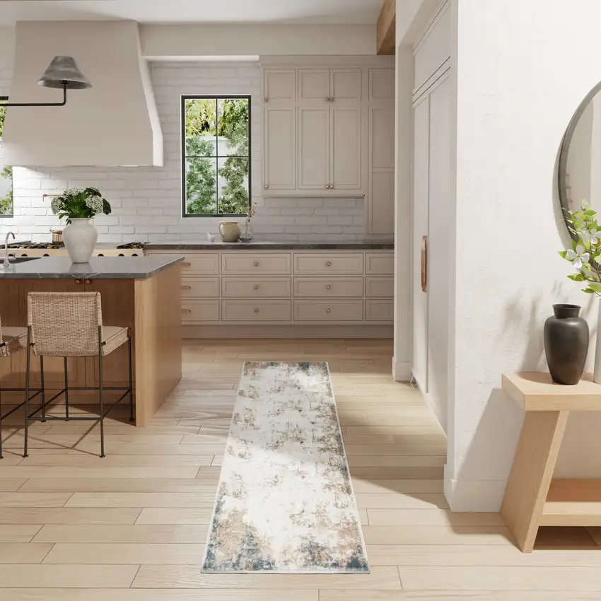 8' Ivory Charcoal and Taupe Abstract Distressed Non Skid Runner Rug Photo 4