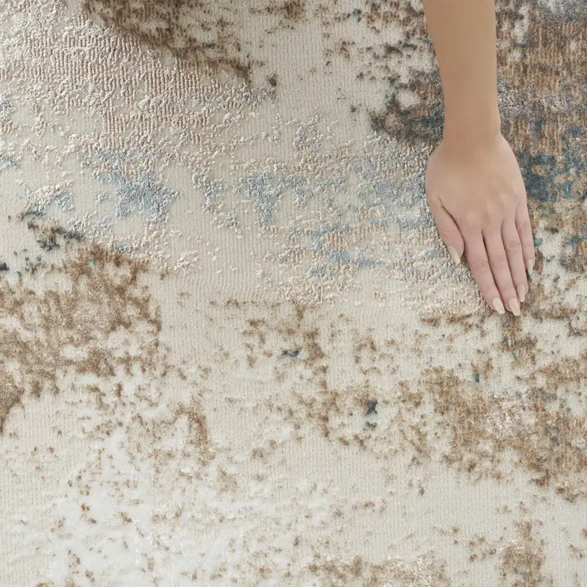 8' Ivory Charcoal and Taupe Abstract Distressed Non Skid Runner Rug Photo 9