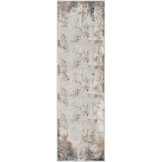 8' Ivory Charcoal and Taupe Abstract Distressed Non Skid Runner Rug Photo 1