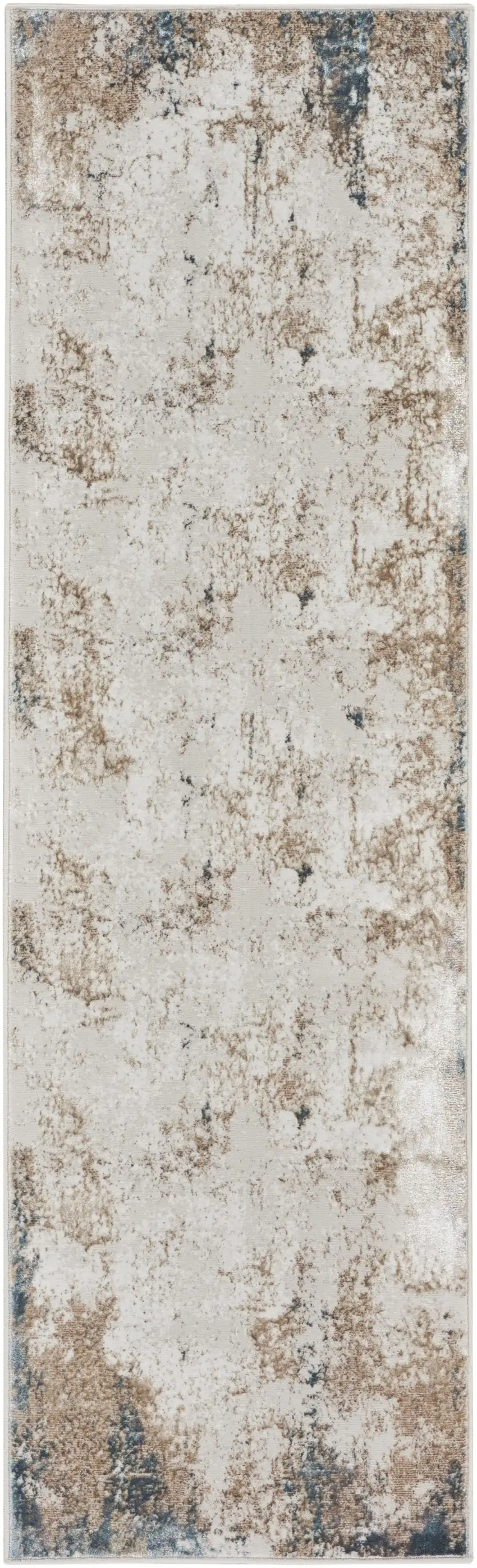8' Ivory Charcoal and Taupe Abstract Distressed Non Skid Runner Rug Photo 1