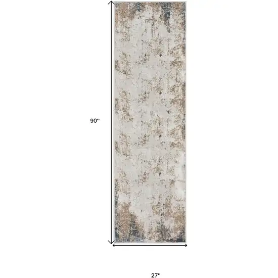 8' Ivory Charcoal and Taupe Abstract Distressed Non Skid Runner Rug Photo 3