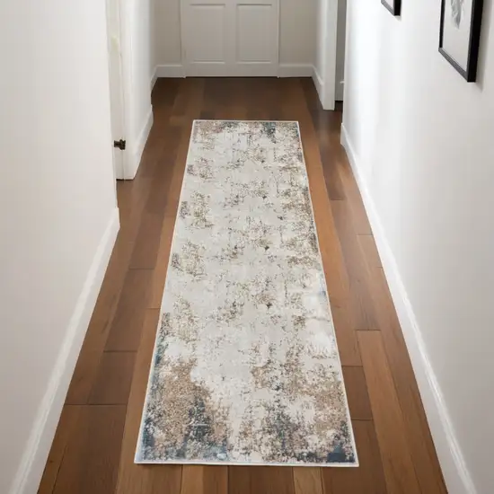 8' Ivory Charcoal and Taupe Abstract Distressed Non Skid Runner Rug Photo 1