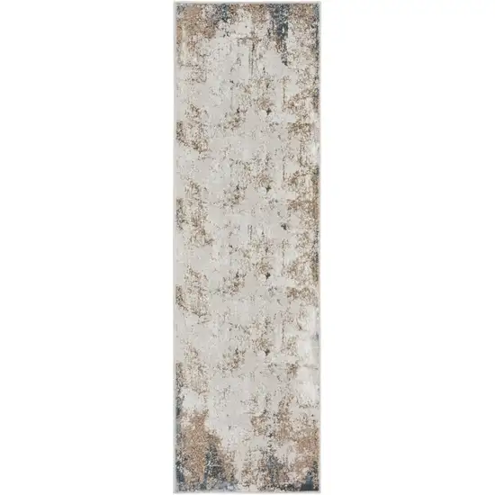 8' Ivory Charcoal and Taupe Abstract Distressed Non Skid Runner Rug Photo 2