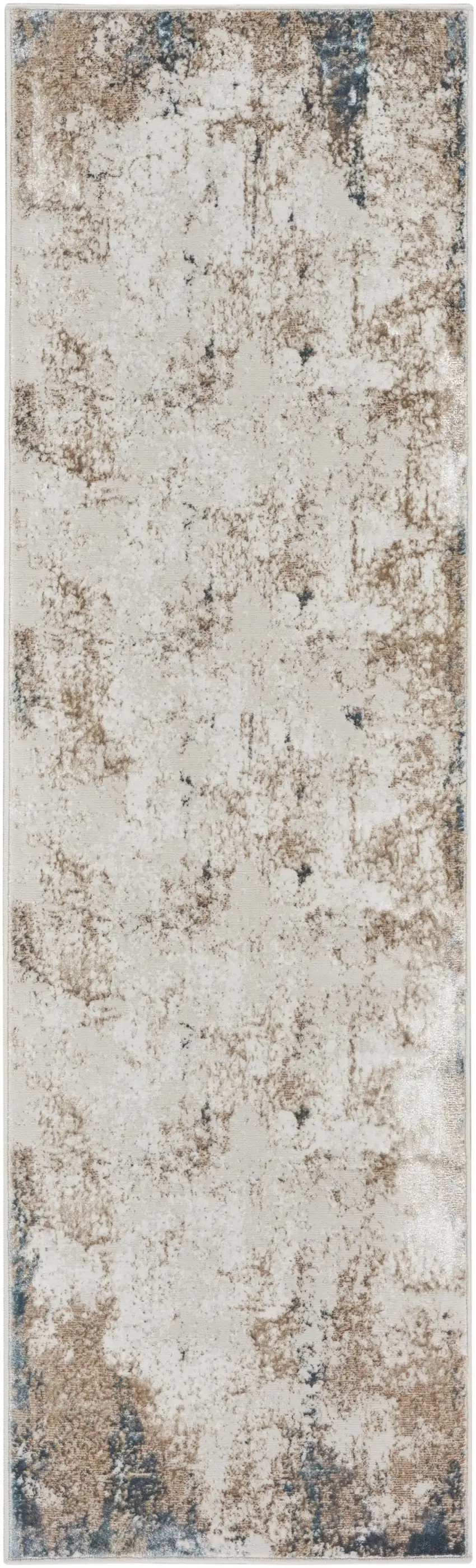 8' Ivory Charcoal and Taupe Abstract Distressed Non Skid Runner Rug Photo 2