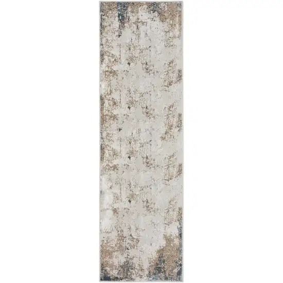 8' Ivory Charcoal and Taupe Abstract Distressed Non Skid Runner Rug Photo 8