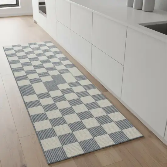 8' Ivory Checkered Runner Rug Photo 1