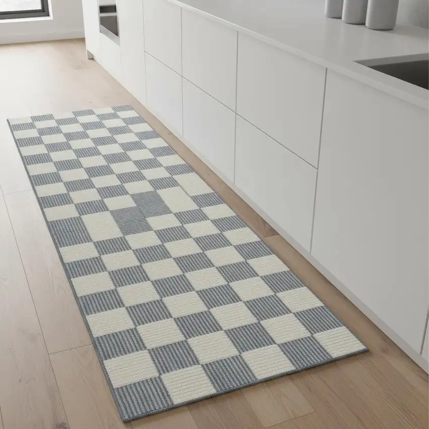 8' Ivory Checkered Runner Rug Photo 1