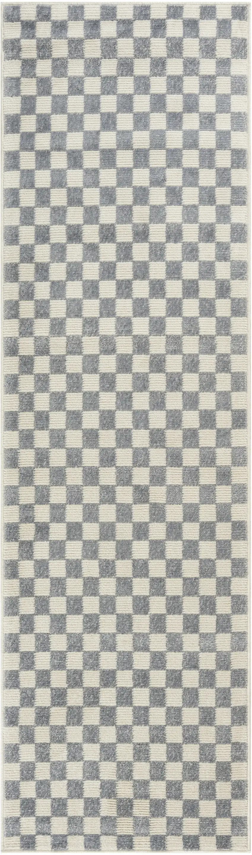 8' Ivory Checkered Runner Rug Photo 6