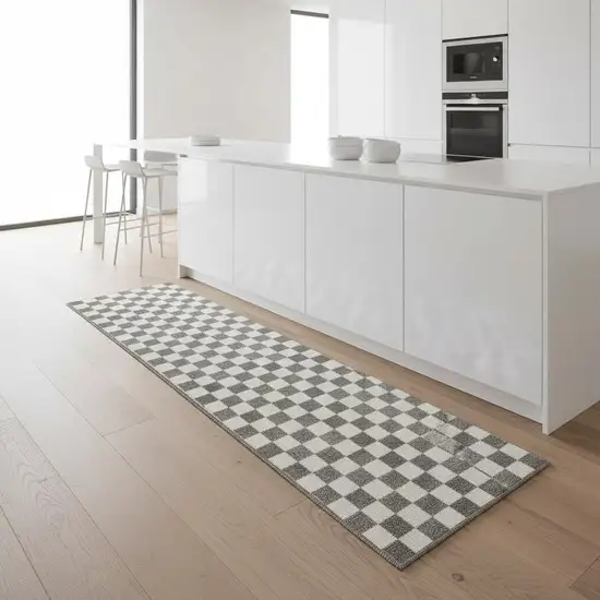 8' Ivory Checkered Runner Rug Photo 1