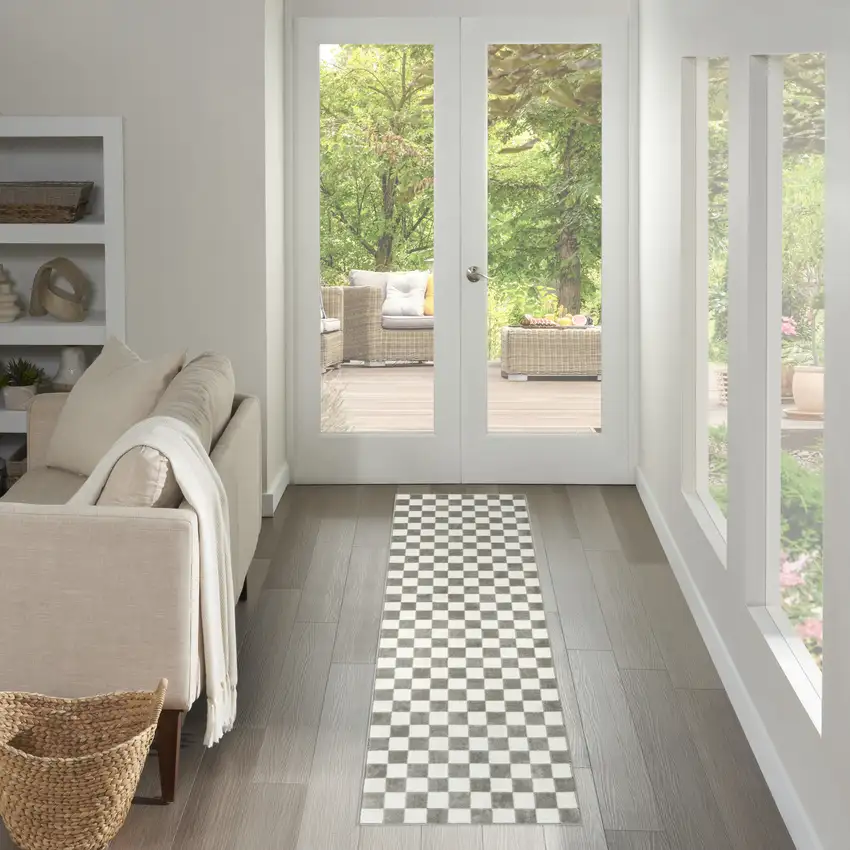 8' Ivory Checkered Runner Rug Photo 5