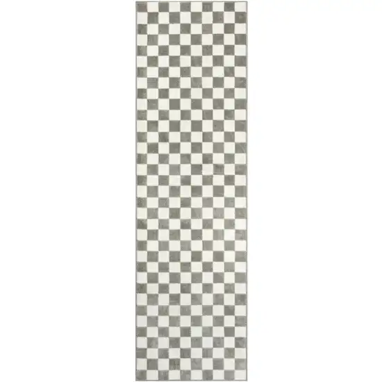 8' Ivory Checkered Runner Rug Photo 4