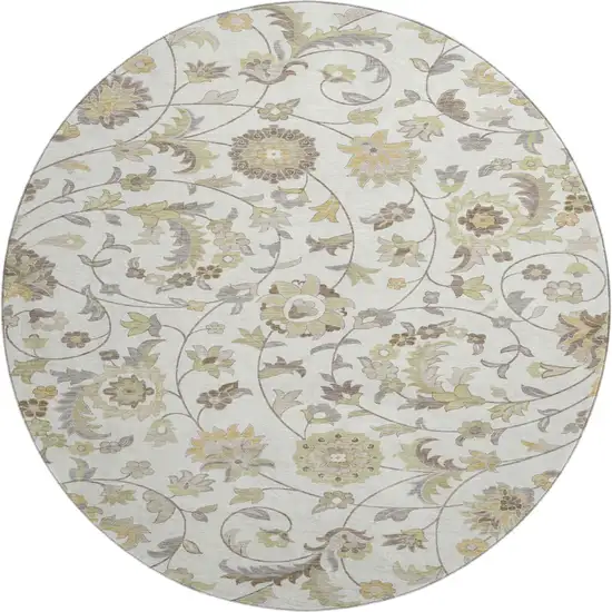 8' Ivory Copper And Gray Floral Washable Round Rug With UV Protection Photo 1