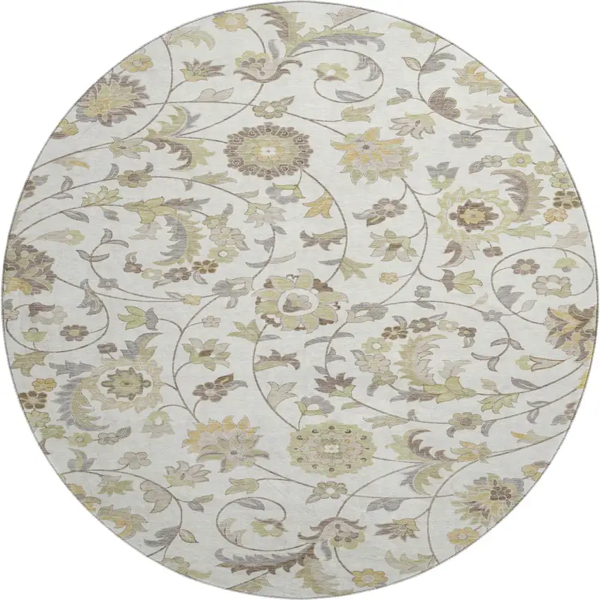 8' Ivory Copper And Gray Floral Washable Round Rug With UV Protection Photo 1