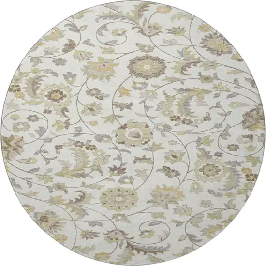 8' Ivory Copper And Gray Floral Washable Round Rug With UV Protection Photo 2