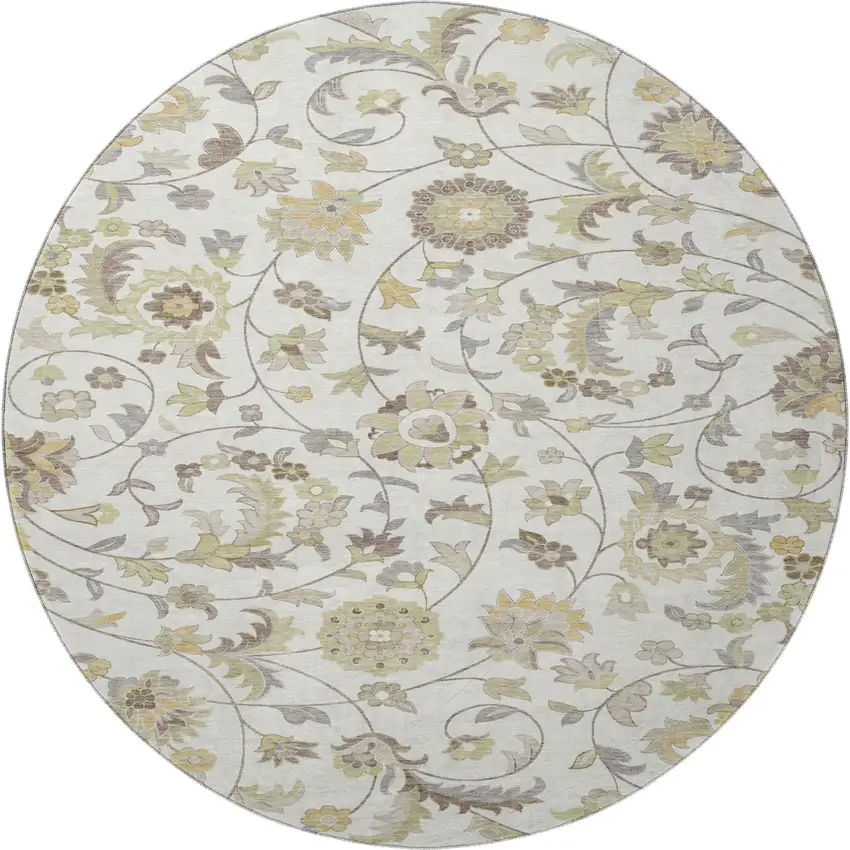 8' Ivory Copper And Gray Floral Washable Round Rug With UV Protection Photo 2