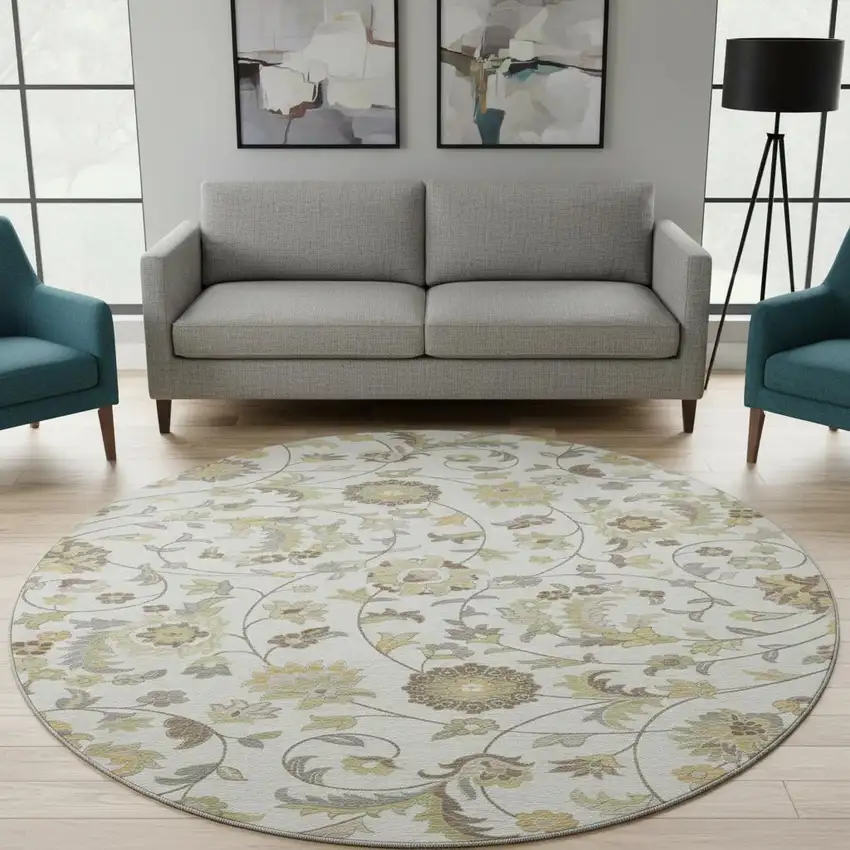8' Ivory Copper And Gray Floral Washable Round Rug With UV Protection Photo 2