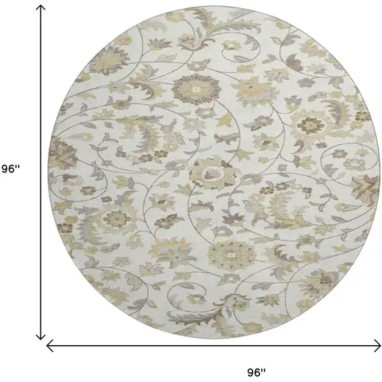 8' Ivory Copper And Gray Floral Washable Round Rug With UV Protection Photo 8