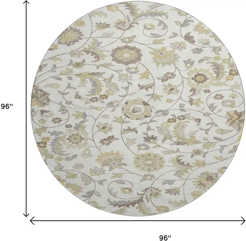 8' Ivory Copper And Gray Floral Washable Round Rug With UV Protection Photo 8