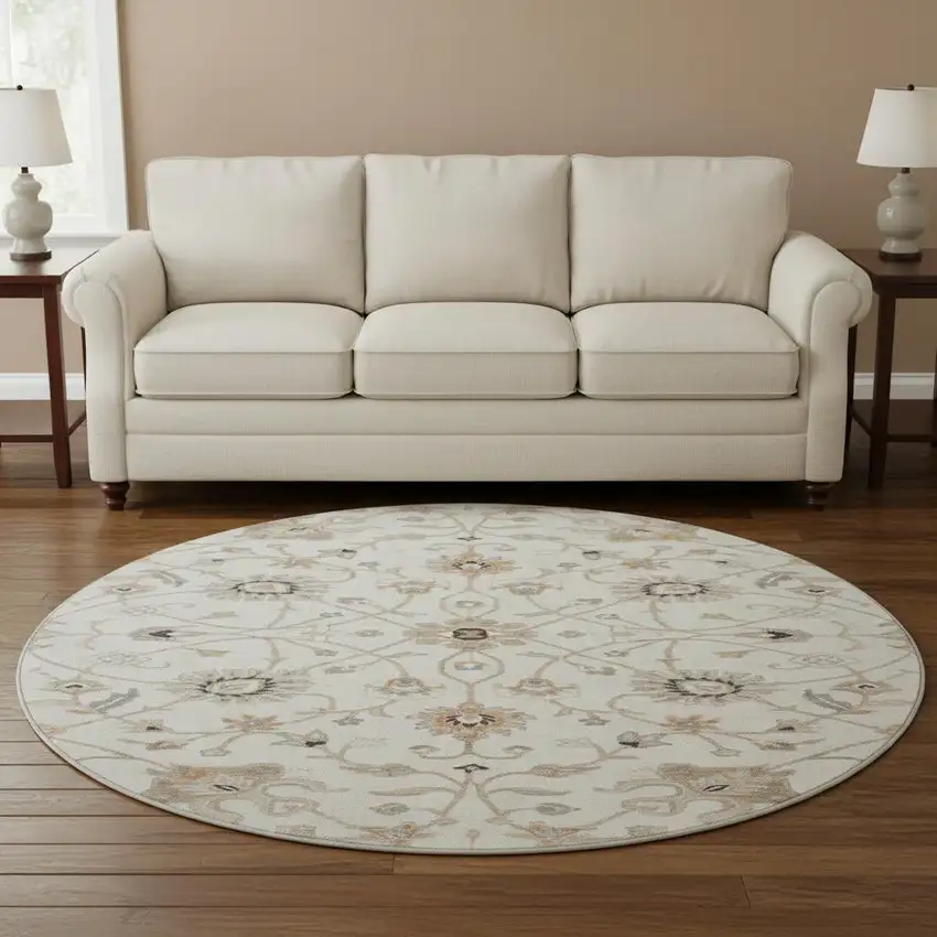 8' Ivory Copper And Gray Floral Washable Round Rug With UV Protection Photo 2