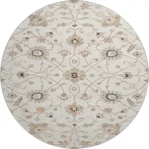 Photo of 8' Ivory Copper And Gray Floral Washable Round Rug With UV Protection