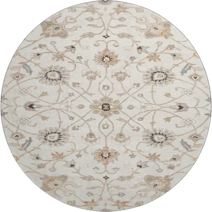 8' Ivory Copper And Gray Floral Washable Round Rug With UV Protection Photo 1