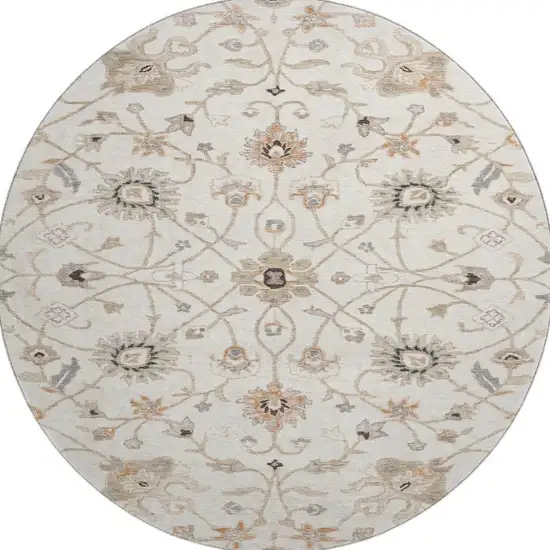 8' Ivory Copper And Gray Floral Washable Round Rug With UV Protection Photo 3