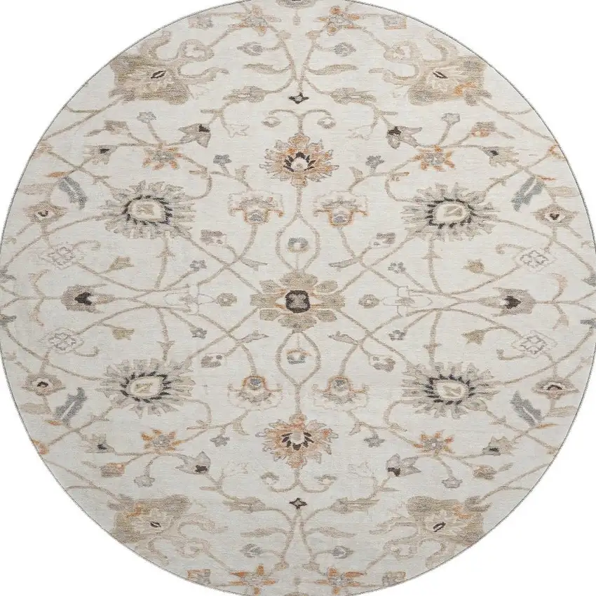 8' Ivory Copper And Gray Floral Washable Round Rug With UV Protection Photo 3