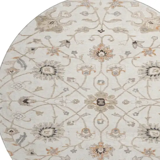 8' Ivory Copper And Gray Floral Washable Round Rug With UV Protection Photo 2