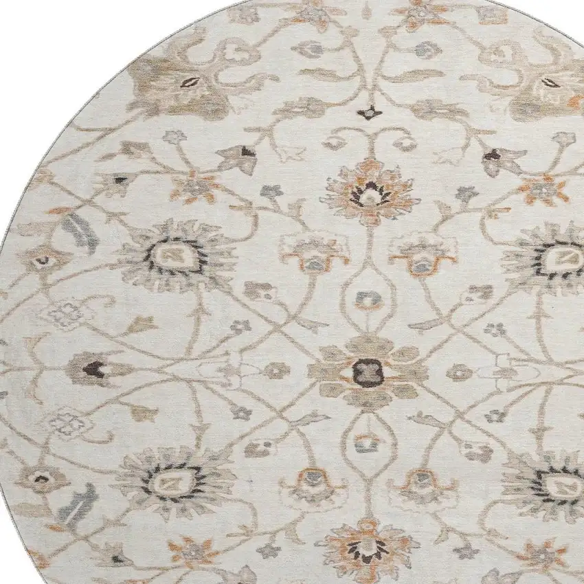 8' Ivory Copper And Gray Floral Washable Round Rug With UV Protection Photo 2