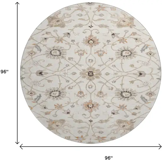 8' Ivory Copper And Gray Floral Washable Round Rug With UV Protection Photo 9