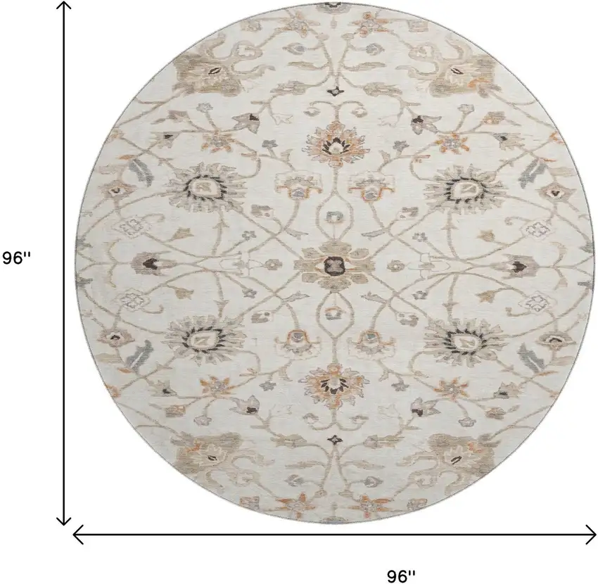 8' Ivory Copper And Gray Floral Washable Round Rug With UV Protection Photo 9