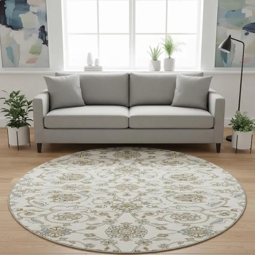8' Ivory Copper And Gray Moroccan Washable Round Rug With UV Protection Photo 2