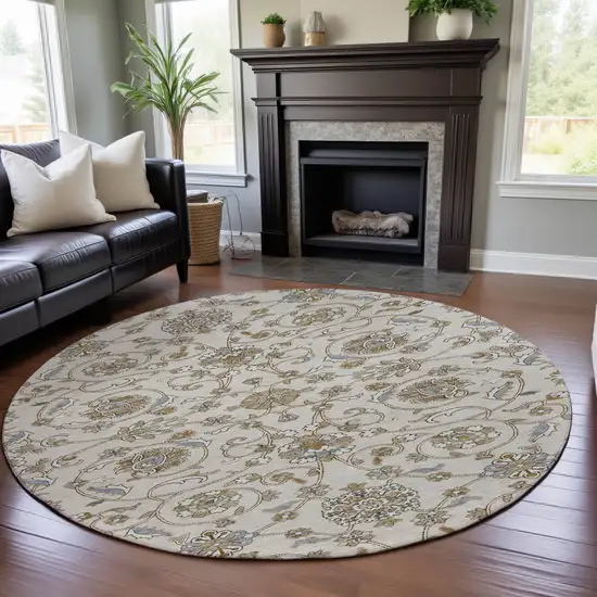 8' Ivory Copper And Gray Moroccan Washable Round Rug With UV Protection Photo 4
