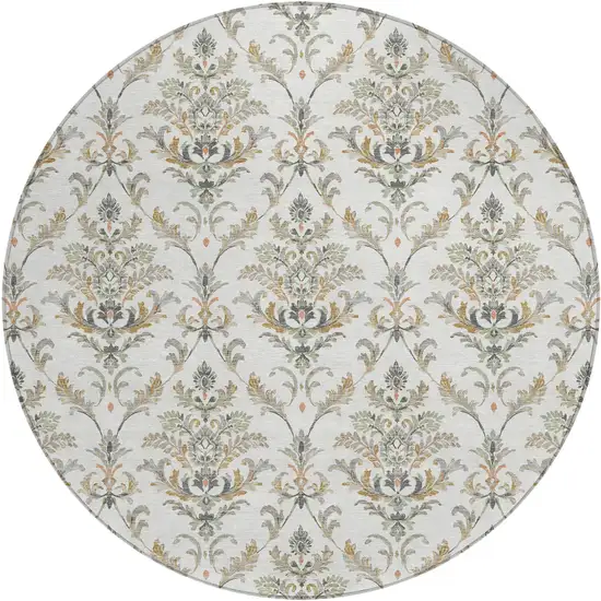 8' Ivory Copper And Gray Round Damask Washable Indoor Outdoor Area Rug Photo 2