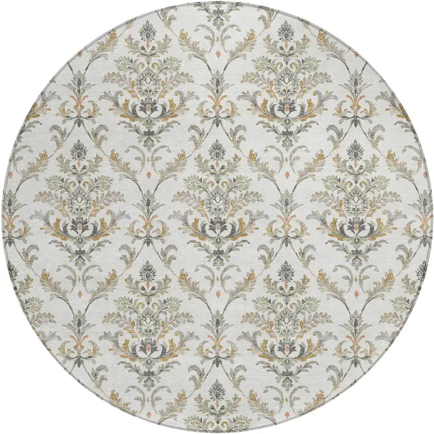 8' Ivory Copper And Gray Round Damask Washable Indoor Outdoor Area Rug Photo 2