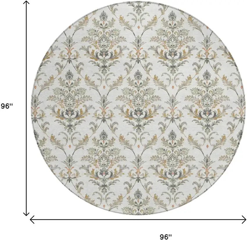 8' Ivory Copper And Gray Round Damask Washable Indoor Outdoor Area Rug Photo 3