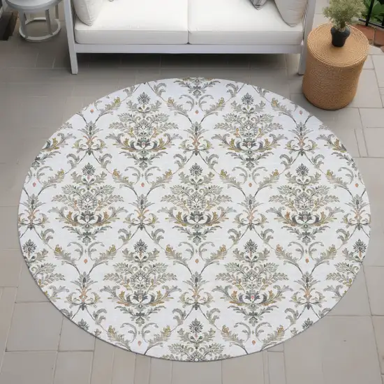8' Ivory Copper And Gray Round Damask Washable Indoor Outdoor Area Rug Photo 8