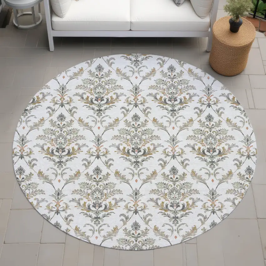 8' Ivory Copper And Gray Round Damask Washable Indoor Outdoor Area Rug Photo 8